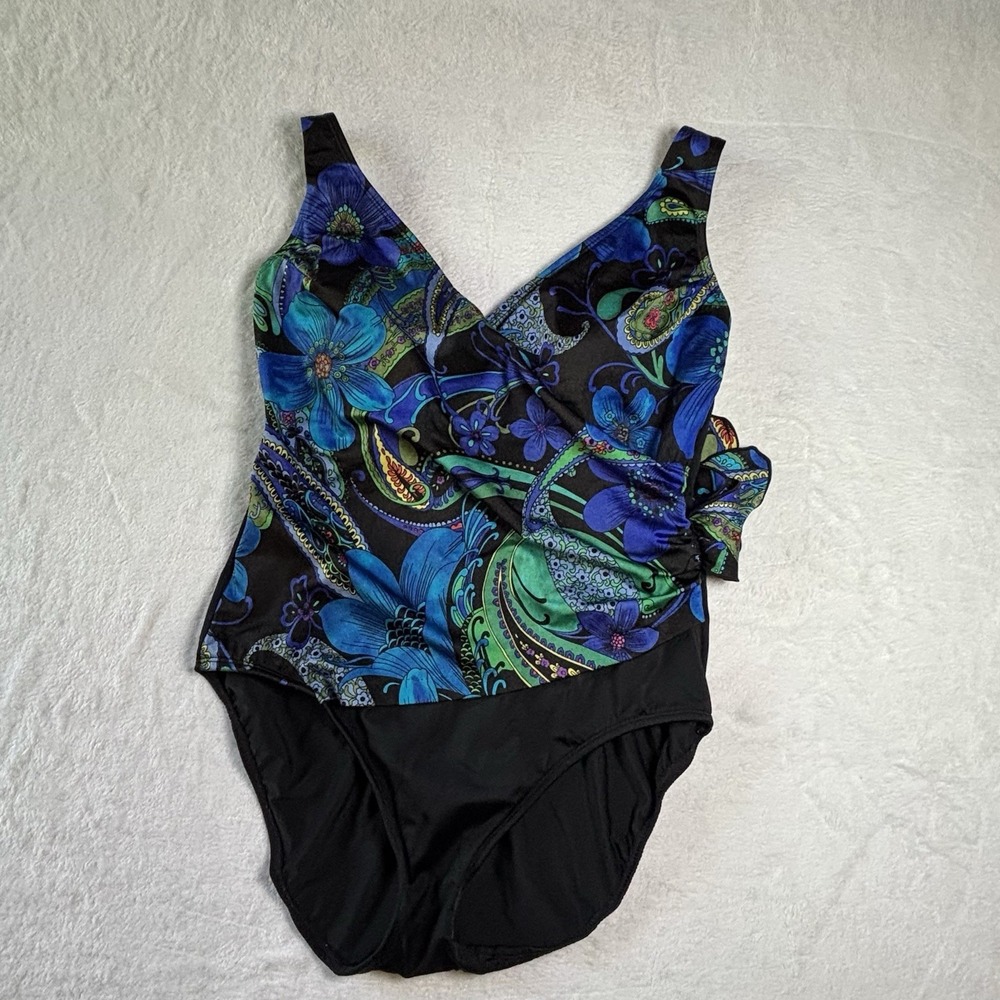 longitude swimsuit Size 10 One Piece Green Floral And Paisley Print Sarong Front - Picture 2 of 9